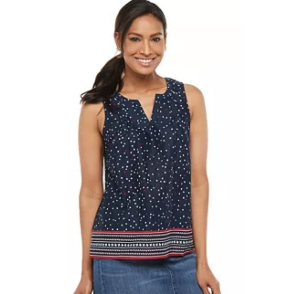 Croft & Barrow Split neck Poplin Pullover tank Star print Navy Size  L